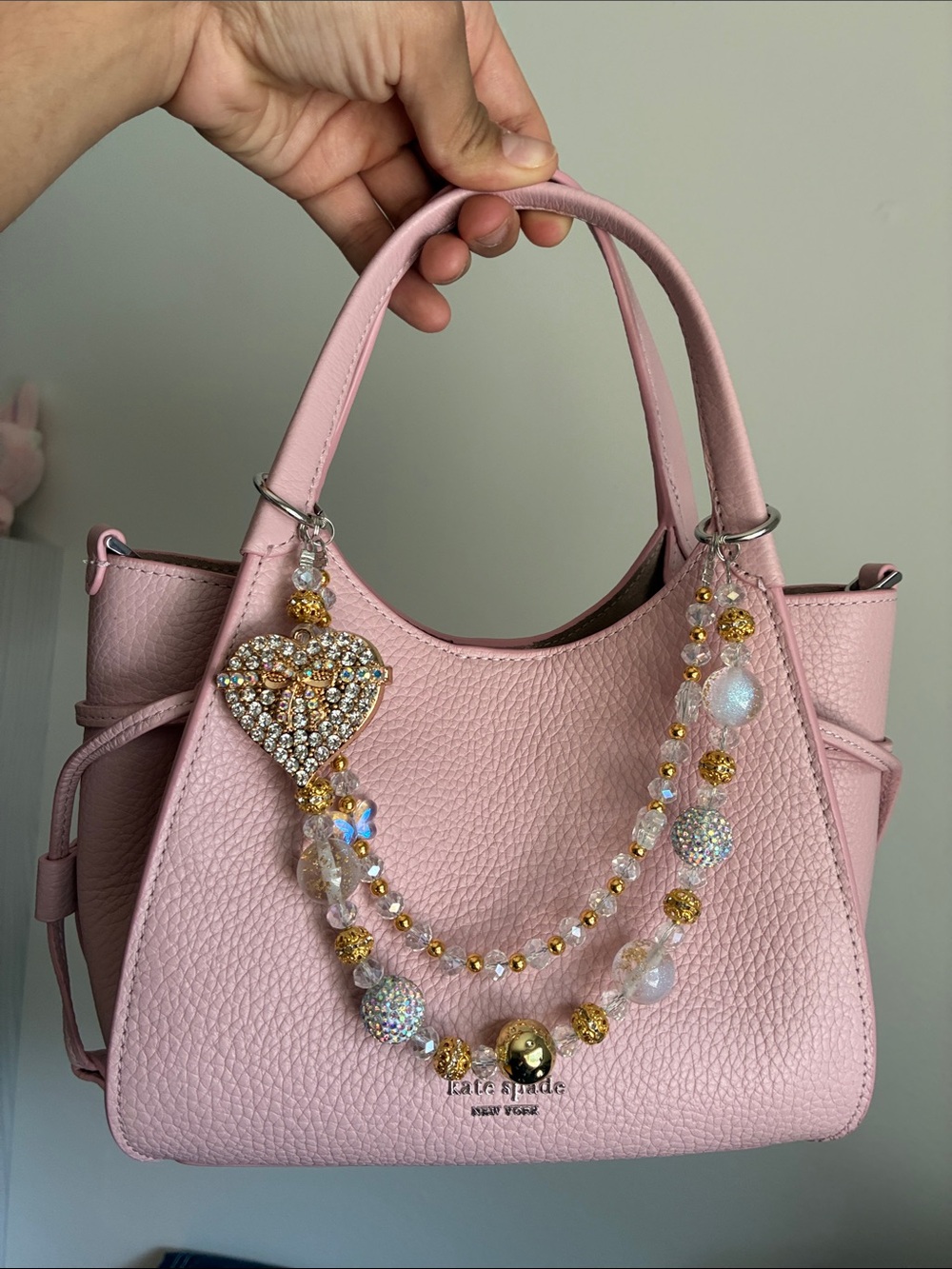 Gold & Iridescent Crystal Heart Charm Beaded Bag Chain